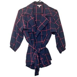 A.PEACH Navy Blue/Red Plaid Blazer Jacket Open Tie Belt Career Preppy Casual Med